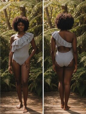 Striped One-Shoulder Ruffle Swim Suit - Size L